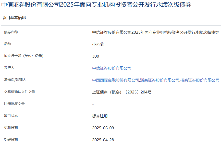 中信证券拟发行300亿元小公募，已提交注册