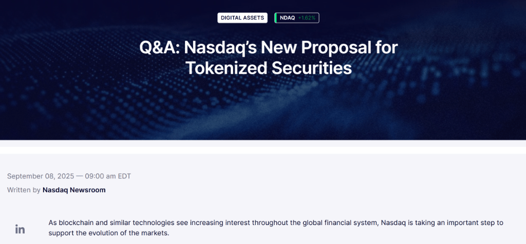 纳斯达克力推,“代币化证券”或首次获准在美国主要交易所交易